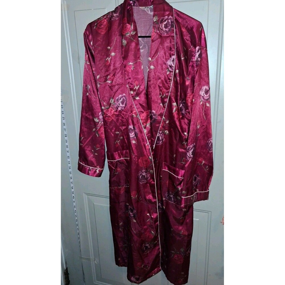 Vintage Chinese Floral Satin Robe Burgundy Rose Print Belted Lounge Robe One...